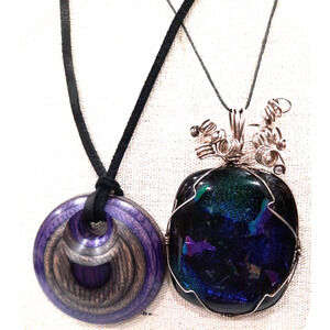 Artisan Handcrafted Pair of Pendant Necklaces Lot of 2 PURPLE Dichroic & Wooden
